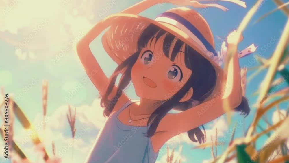 Lofi girl lying in a sun-drenched meadow, surrounded by wildflowers swaying in the breeze, with dreamy music playing in the background, 2D Japanese anime-style cozy LoFi hip-hop 4K animation video Lofi girl lying in a sun-drenched meadow, surrounded by wildflowers swaying in the breeze, with dreamy music playing in the background, 2D Japanese anime-style cozy LoFi hip-hop 4K animation video