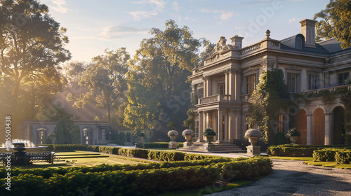 A classic Regency-style mansion in the gentle light of morning, its elegant facade and formal gardens reminiscent of an English country estate, offering a glimpse into a bygone era of luxury  © Image Studio