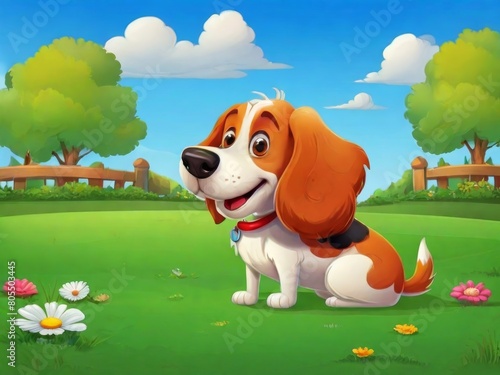 Obraz na płótnie Cute cartoon dog sitting on the lawn in the garden w salonie