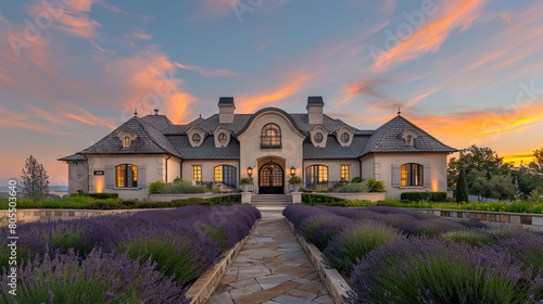 A classic French Provincial home at sunset, with its stucco walls and steeply pitched roof, sitting elegantly on a sprawling estate with rows of lavender leading to the front door. 