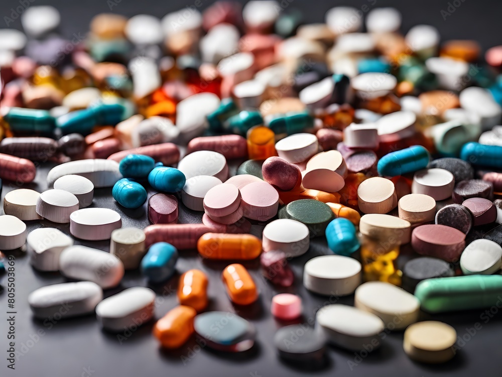 vitamins, and a variety of medicines, scattered across a surface, representing healthcare and medication diversity. vitamins, and a variety of medicines, scattered across a surface, representing healthcare and medication diversity.