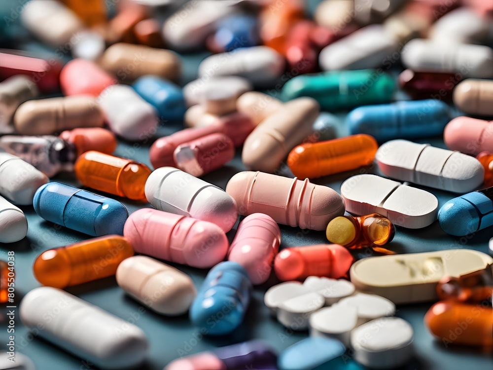 vitamins, and a variety of medicines, scattered across a surface, representing healthcare and medication diversity.