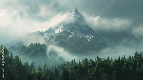 Majestic Solitude: Solitary Mountain Peak Cloaked in Forest and Mist #805504004