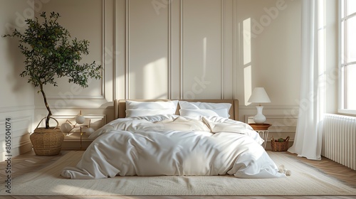 A luxurious kingsize bed with crisp white linens and fluffy pillows, front view, on a clean white backdrop