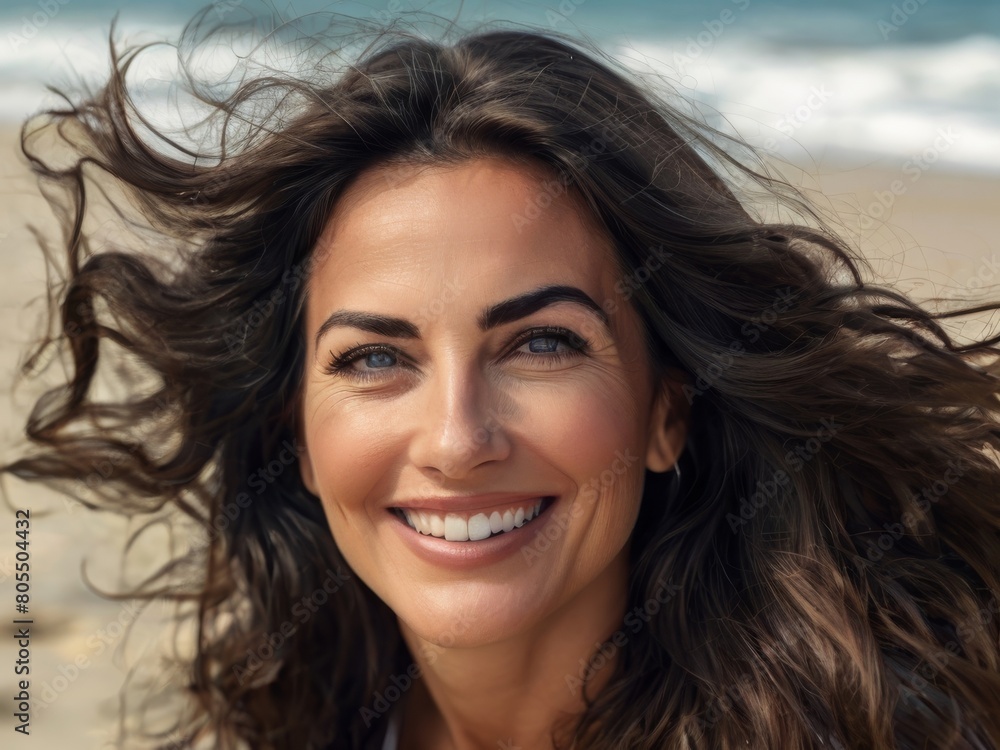 Portrait. Beautiful sexy brunette woman on a tropical beach. Portrait of a happy young woman smiling at the camera.