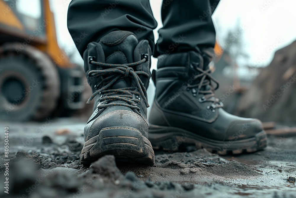 Construction Worker Wearing Black Safety Shoes Construction Worker Wearing Black Safety Shoes