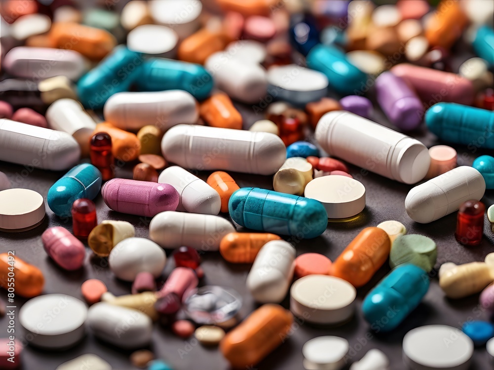 vitamins, and a variety of medicines, scattered across a surface, representing healthcare and medication diversity. vitamins, and a variety of medicines, scattered across a surface, representing healthcare and medication diversity.