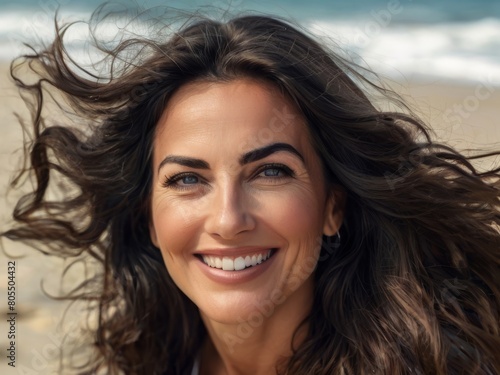 Obraz na płótnie Portrait. Beautiful sexy brunette woman on a tropical beach. Portrait of a happy young woman smiling at the camera. w salonie