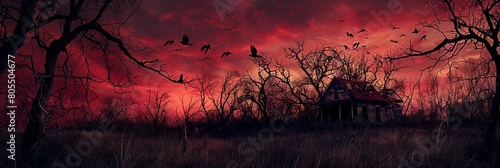 Haunting Dusk in the Twisted Abandoned Forest with Ominous Presence and Fleeing Crows photo