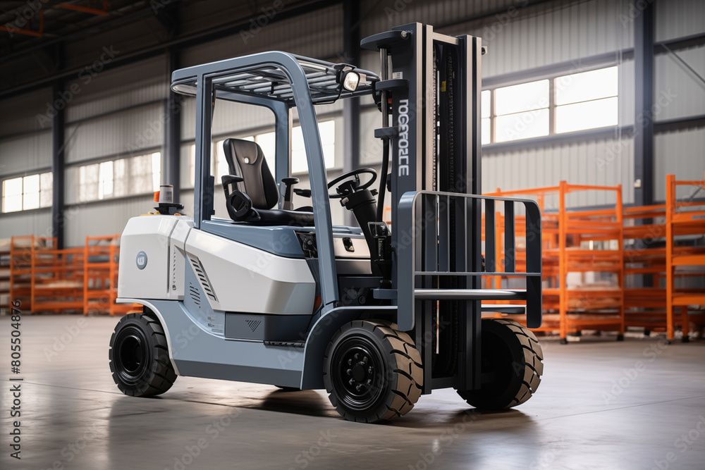 Efficient Logistics: Modern Forklift Parked in Spacious Warehouse Efficient Logistics: Modern Forklift Parked in Spacious Warehouse