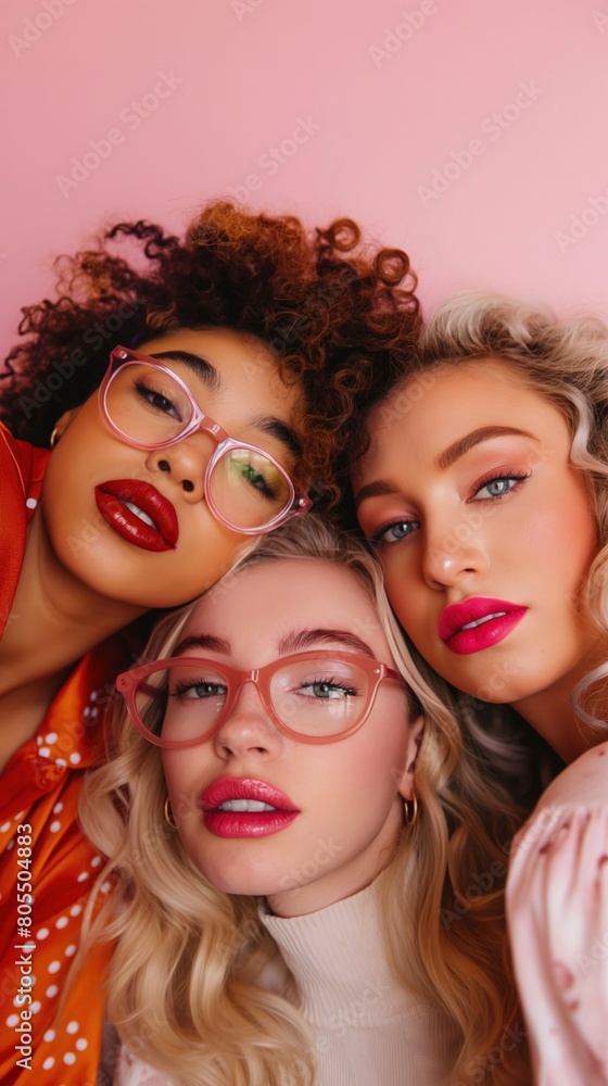 Group of diverse women wearing glasses posing together for a photo on Girlfriends Day Group of diverse women wearing glasses posing together for a photo on Girlfriends Day