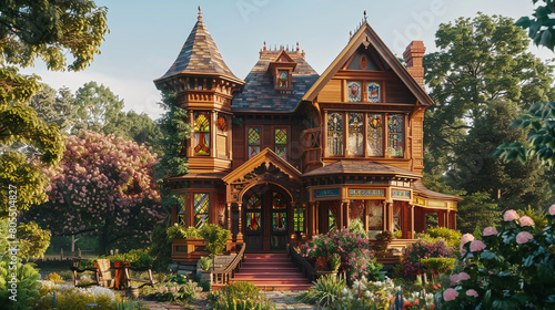 A charming Victorian house in the late afternoon  featuring intricate woodwork  a towering turret  and vibrant stained glass windows  