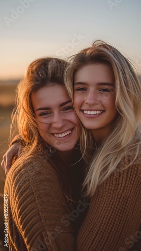 Two women hug each other in a field on Girlfriends Day