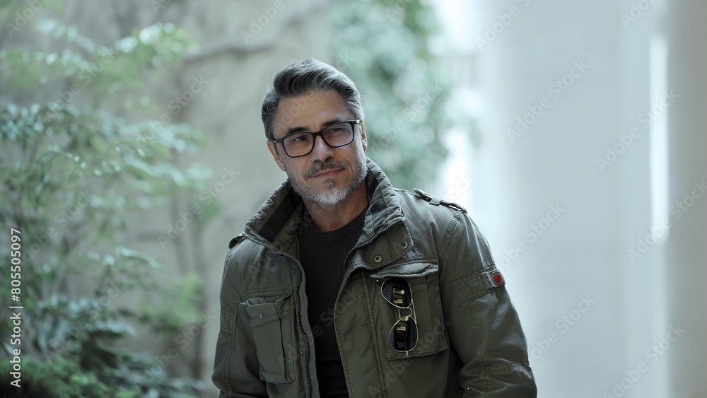 Confident mature man wearing glasses and casual jacket outdoors. Portrait of happy mid adult, middle aged, older male. Confident mature man wearing glasses and casual jacket outdoors. Portrait of happy mid adult, middle aged, older male.