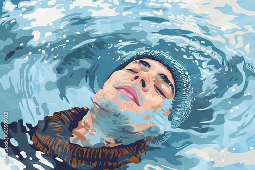 cold therapy young man in hat embracing icy lake water wim hof method illustration photo