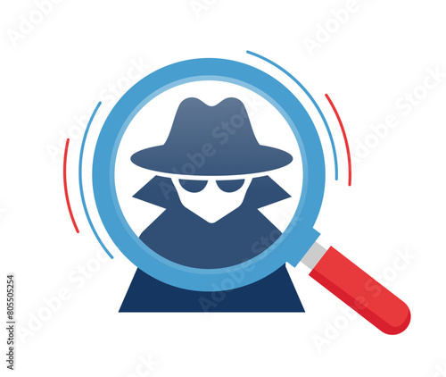 Spy with magnifier, ranger, detective, vector icon. A flat illustration depicting a detective with a magnifying glass.logo illustration