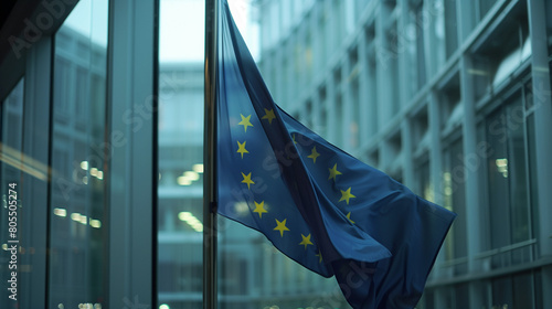 Bandiera dell'Unione Europea issata che si muove al vento photo