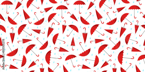 Red umbrellas pattern. Open, closed umbrella and raindrops. Rain season. Rainy weather. Flat style. Seamless background.