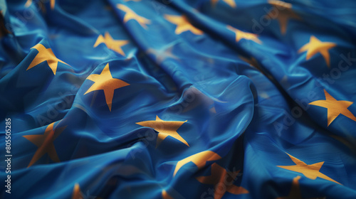 Dettaglio di bandiera dell'Unione Europea in cui si vedono bene le stelle gialle e lo sfondo blu photo