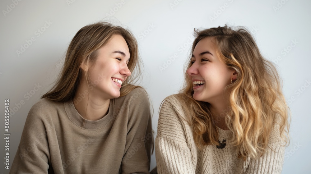 Two women sit side by side, laughing together in a joyful moment Two women sit side by side, laughing together in a joyful moment