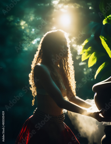 A young girl performing a ritual in the rainforest dedicated to the goddess Ayahuasca, immersed into an ethereal light that casts enchanting shadows.
