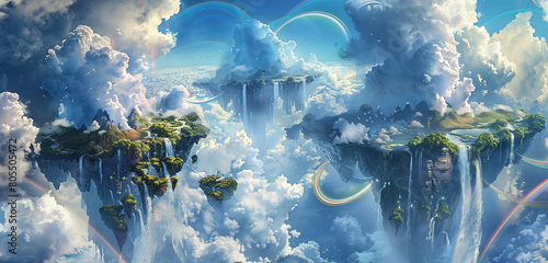 A celestial paradise where the sky is adorned with floating islands, each enveloped by swirling whirlwind clouds. The islands feature cascading waterfalls that turn into mist, © Image Studio