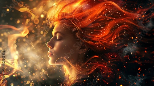 Celestial Power  A Beautiful Cosmic Female Radiates Sensual Aura with Fire Hair  Conjuring an Enchanting Vision of Elegance and Grace in the Cosmic Cosmos.