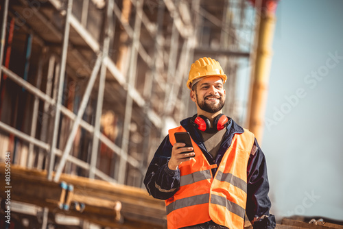 Cuadro en lienzo Construction site manager standing  wearing safety vest and helmet,using his phone at construction site