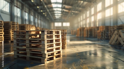 Medium close up shot, eye level perspective. Warehouse interior, with a captures industrial wooden shipping pallets neatly stacked