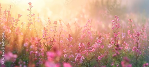 Beautiful meadow with pink flowers at sunrise blurred. Generate AI image
