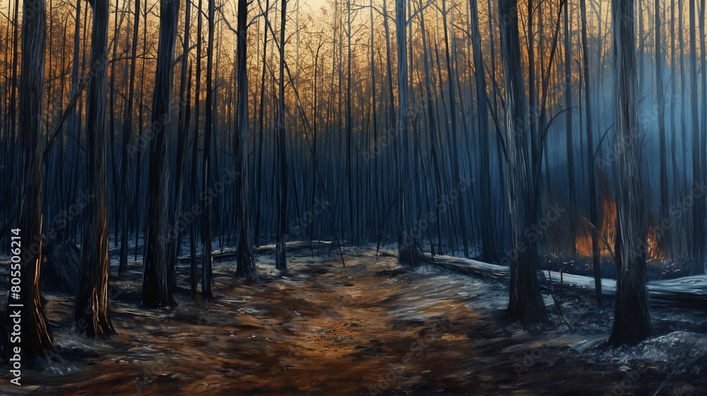 The forest after the fire. Burnt down trees after forest fire. The consequences of fire in the woods. Natural disasters. The forest after the fire. Burnt down trees after forest fire. The consequences of fire in the woods. Natural disasters.