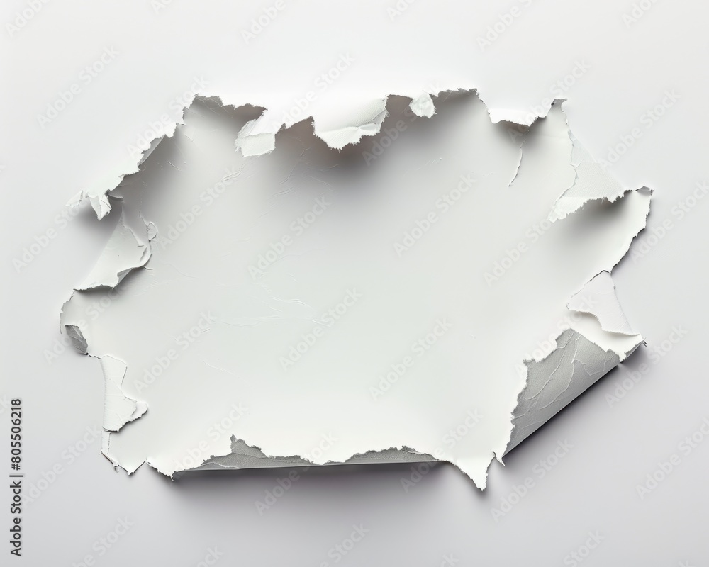 White Paper Burn Hole on White Background. Realistic Texture of Burned Paper with Shadow