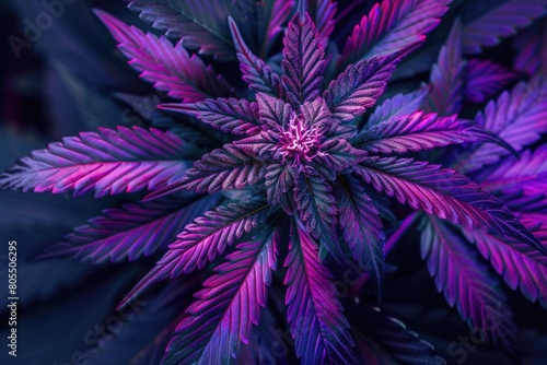 Top View of Beautifully Designed Purple Cannabis Plant in Flower. Medical Hemp Banner for Modern
