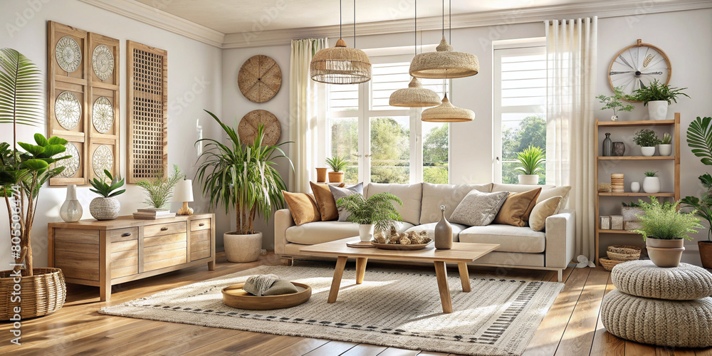 Bohemian living room interior 3d render with beige colored furniture and wooden elements
