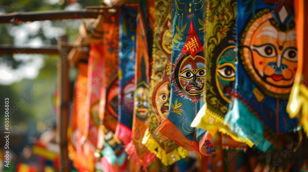 A vibrant display of traditional banners and pennants, showcasing the festive and celebratory atmosphere of the Jagannath Rath Yatra