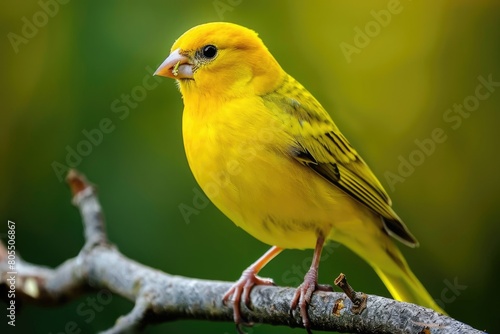 Yellow Finch on Branch Looking Left. Goldfinch Songbird in Nature with Colorful Beak Eating