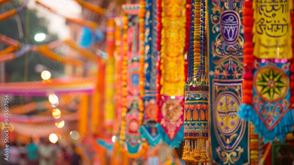 Obraz premium A vibrant display of traditional banners and pennants, showcasing the festive and celebratory atmosphere of the Jagannath Rath Yatra