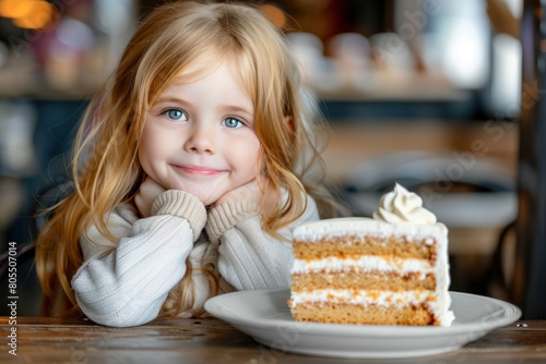 A young girl with red hair and blue eyes sits at a table with a slice of white cake with white frosting.