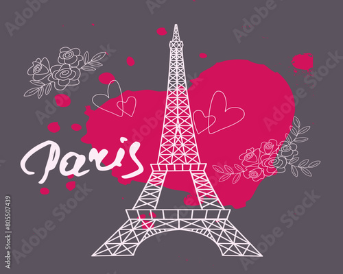 romantic background with the image of the Eiffel tower butterflies and a bouquet of flowers and text Paris
