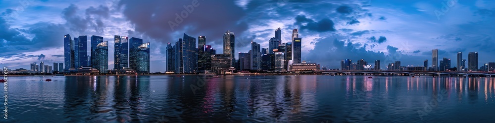 Fototapeta premium Skyline Panorama at Blue Hour - Cityscape of Dazzling Skyline with Waterfront