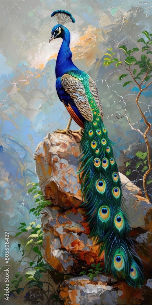Fototapeta premium Painting of Peacock Standing on Rock - Stunning Nature Artwork