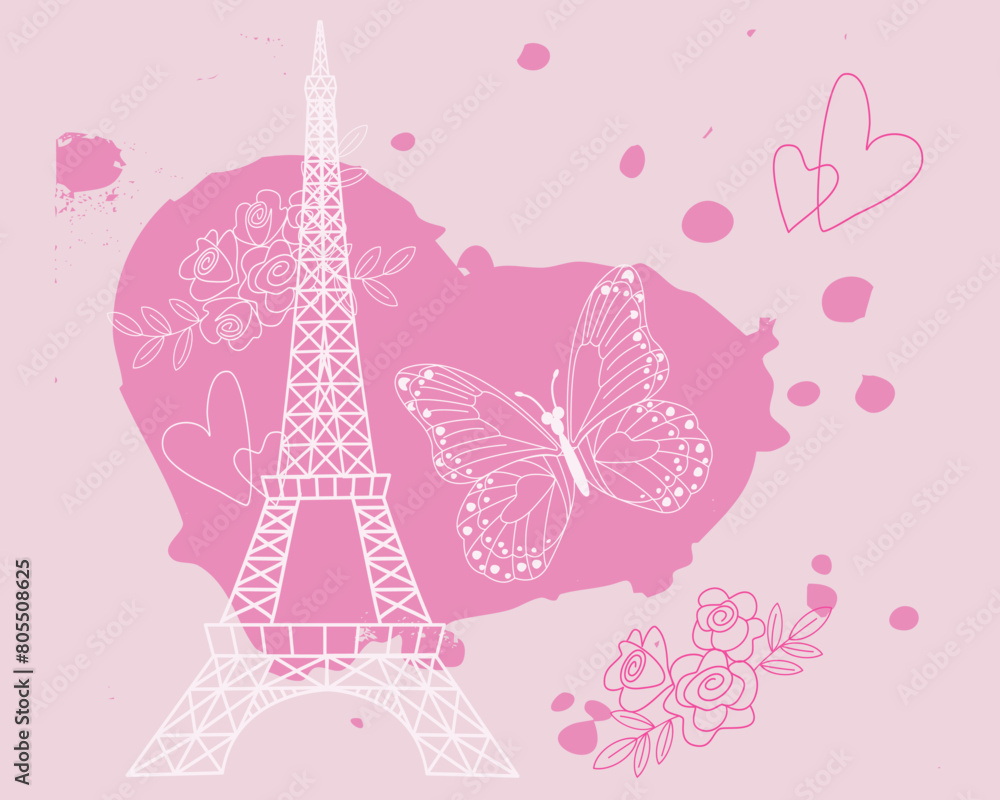 romantic pink background with Eiffel Tower butterflies and flowers
