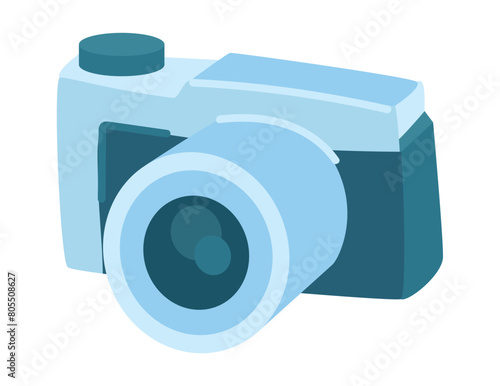 Camera in flat design. Professional digital photo equipment with lens. Vector illustration isolated.