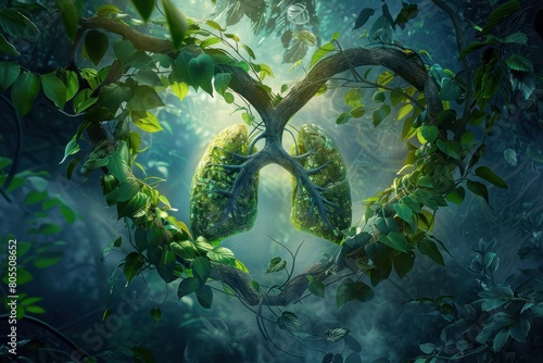 Heart shaped tree branch surrounded by leaves. The branch has a pair of lungs, one lung on each side. The lungs consist of green branches with leaves. The background is a dark forest. photo
