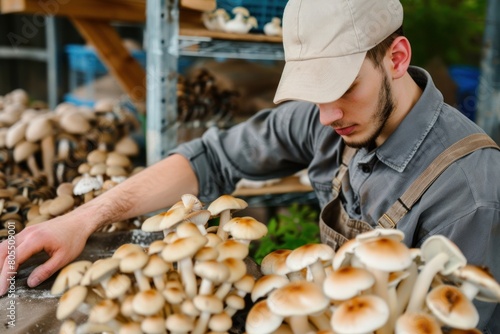 Agriculture enthusiast tends to mushroom seedlings, fostering new life in the fertile soil.
