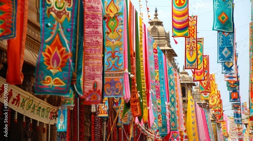 A vibrant display of traditional banners and pennants, showcasing the festive and celebratory atmosphere of the Jagannath Rath Yatra