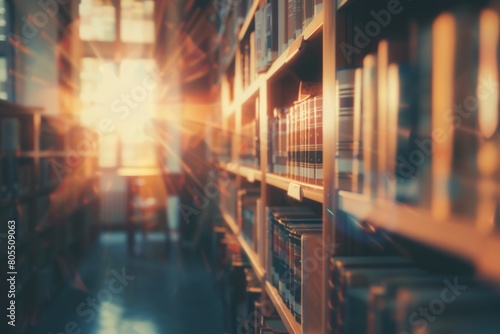 Blurred background of an old library with rows of books. Generate AI image