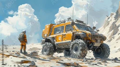 An astronaut stands next to a large yellow truck with huge tires. The truck is parked on a rocky desert-like terrain against a sky filled with clouds. © ProPhotos