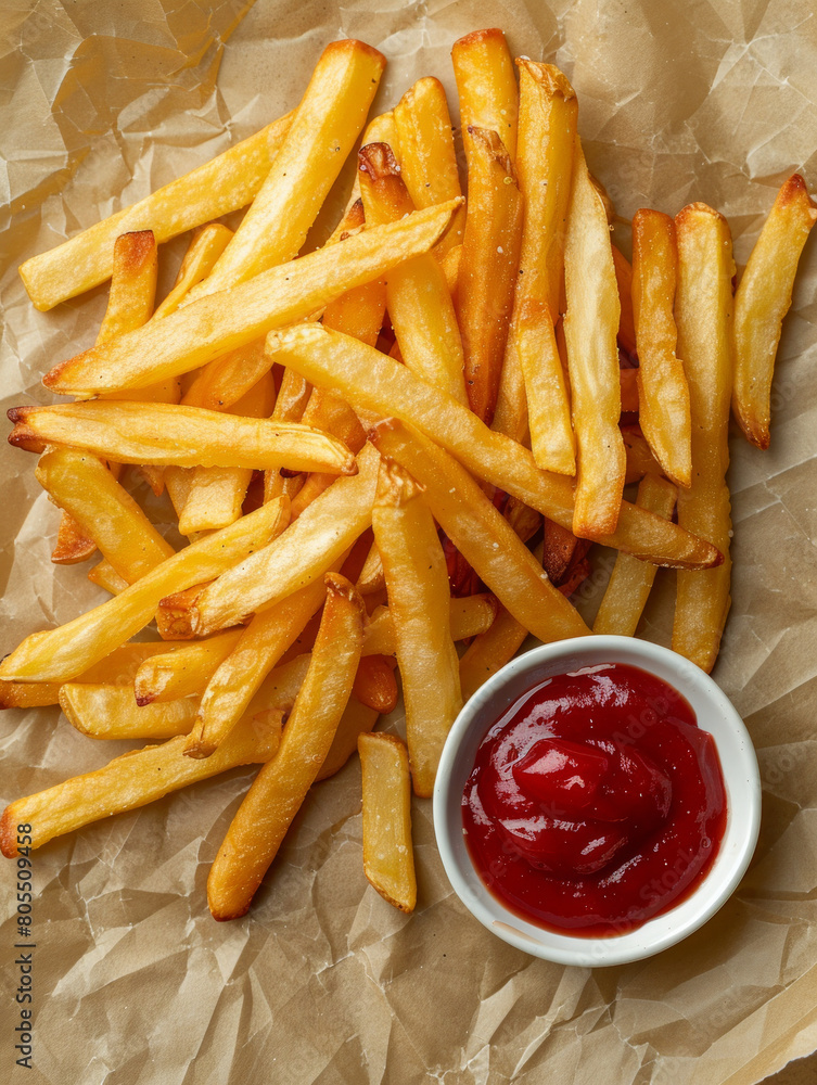 Overhead view of french fries with ketchup sauce Overhead view of french fries with ketchup sauce