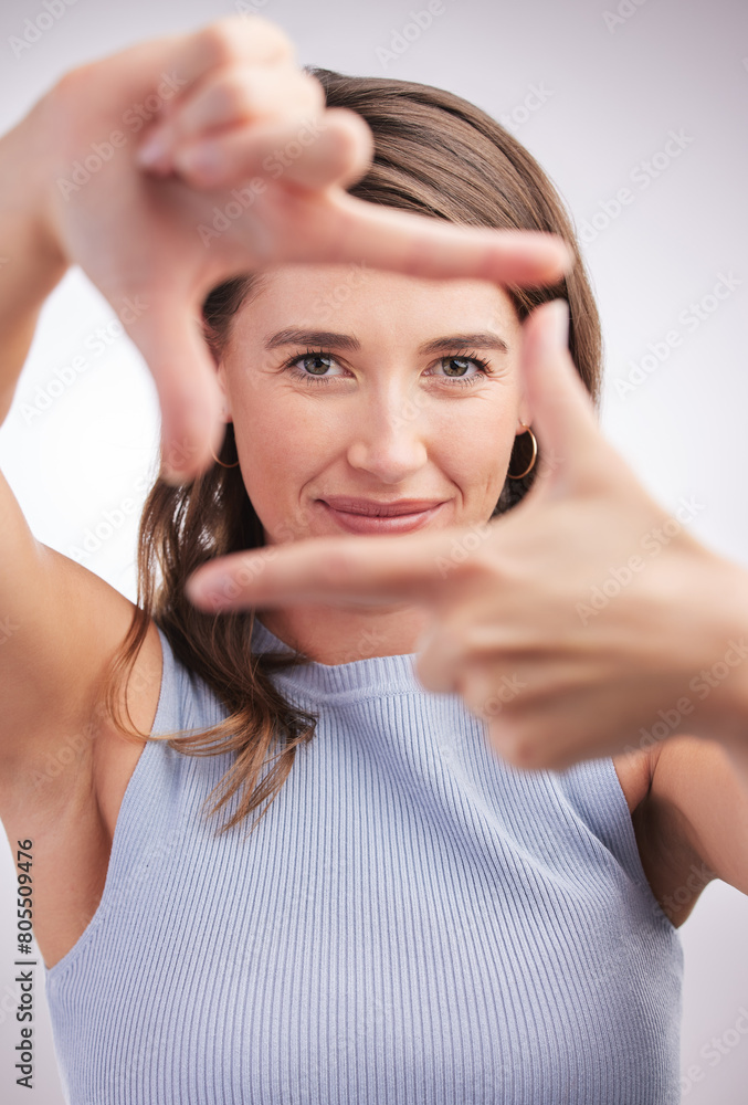 Woman, studio and frame hands with fingers, photography and profile picture or perspective with hand gesture. Focus, camera sign and portrait or looking, happy and confident face on background Woman, studio and frame hands with fingers, photography and profile picture or perspective with hand gesture. Focus, camera sign and portrait or looking, happy and confident face on background